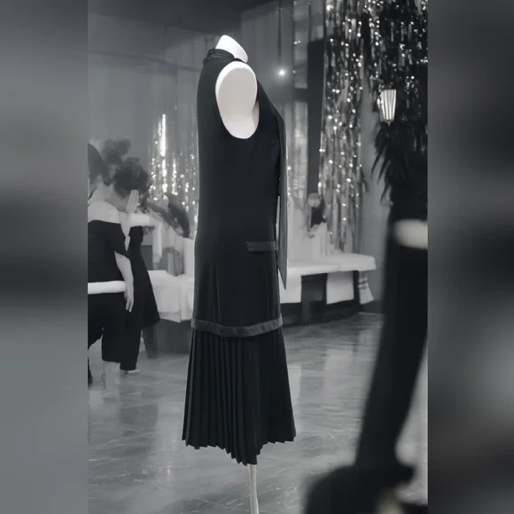 Iconic Fink Modell 1960s Black Satin Bow Tie Sleeveless Shift Dress Pleated Midi - Picture 3 of 12